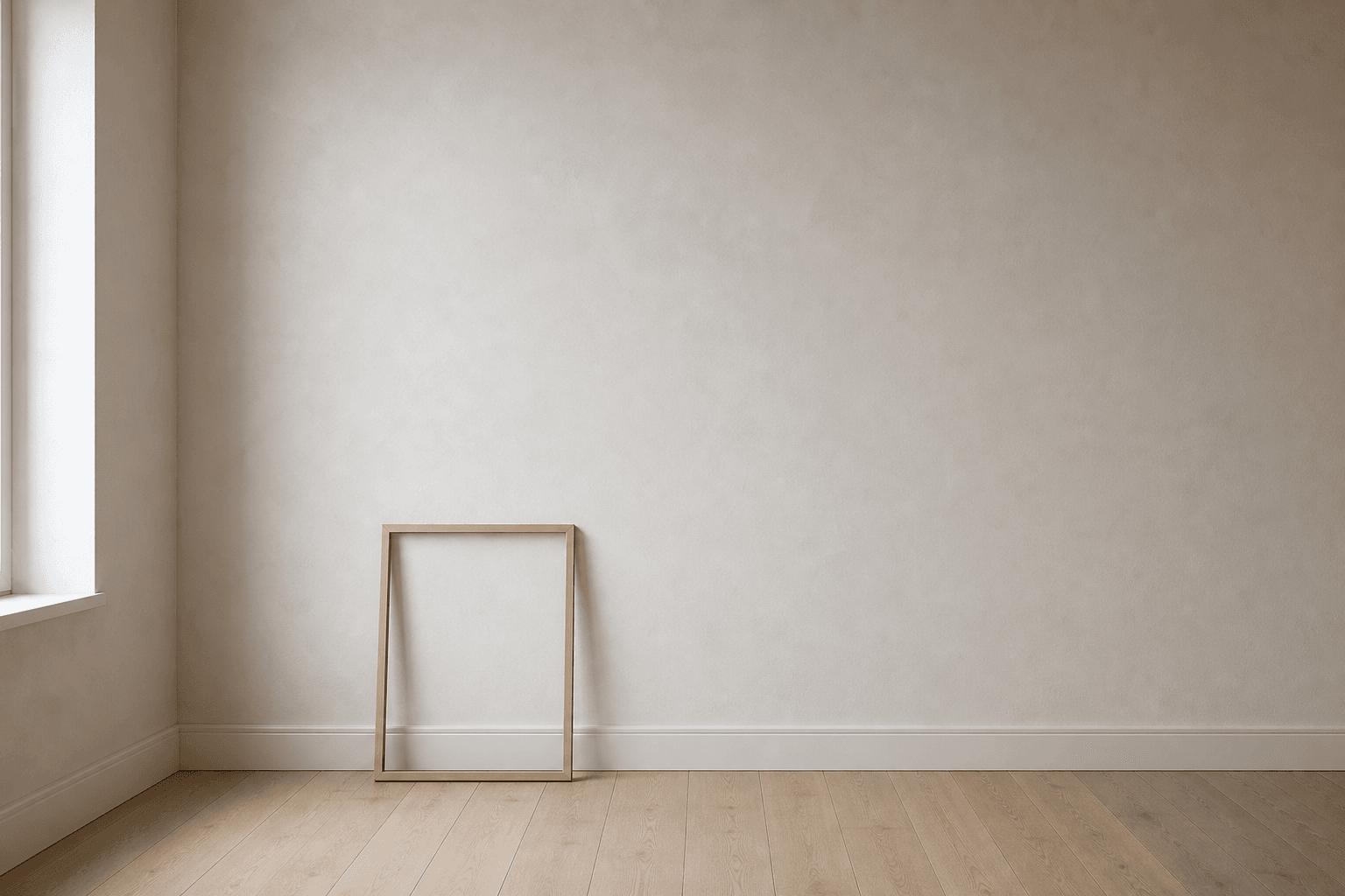 A bare plaster wall with one empty oak frame leaning against the skirting board