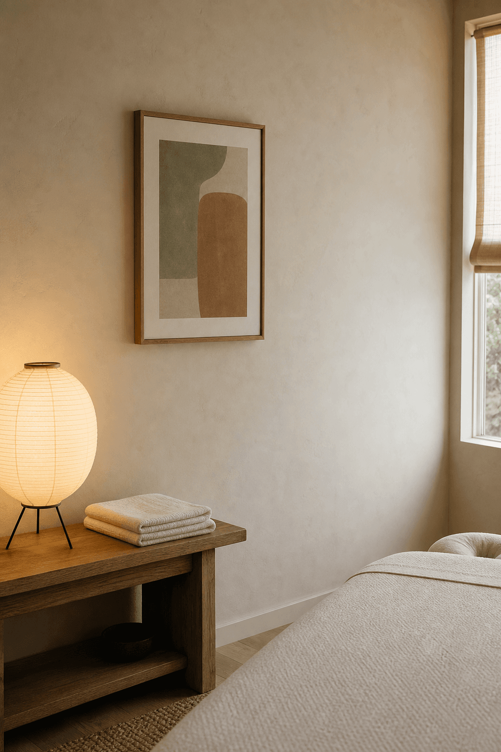 Corner of a small treatment room: warm paper lamp, oak bench, one framed piece on a plaster wall
